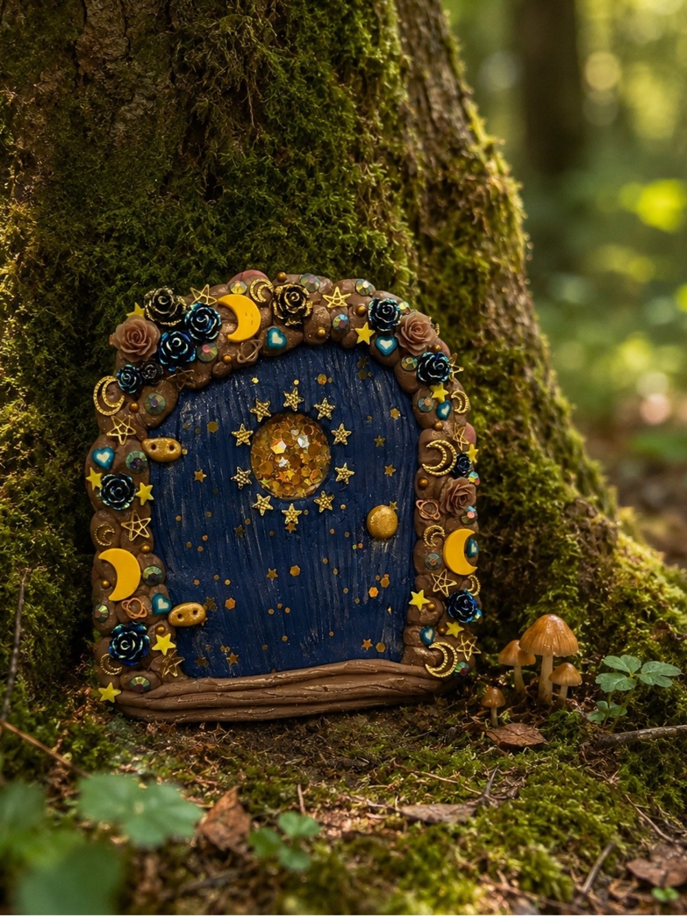 Handmade Blue Celestial Fairy Door with Gold Accents